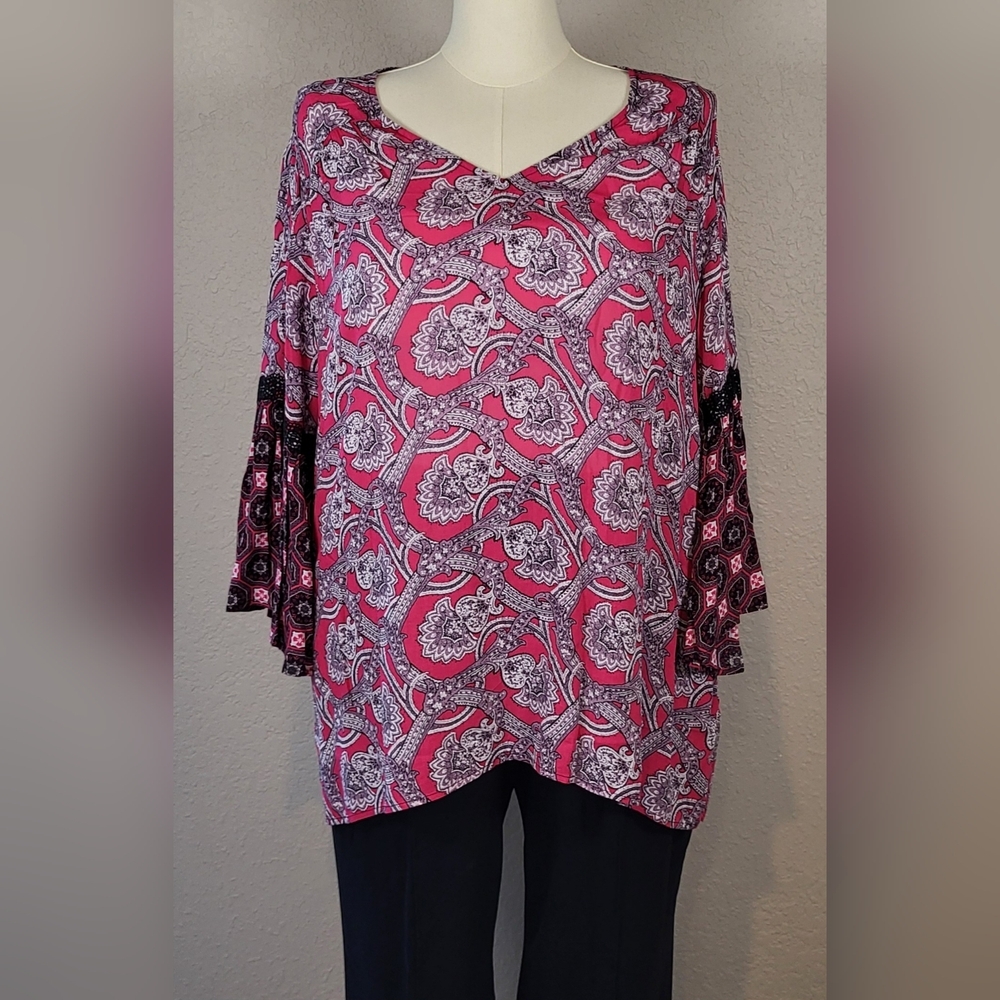 CATO Hot Pink Lace Embellished Bell Sleeve V-Neck Top - Plus Size 18/20W